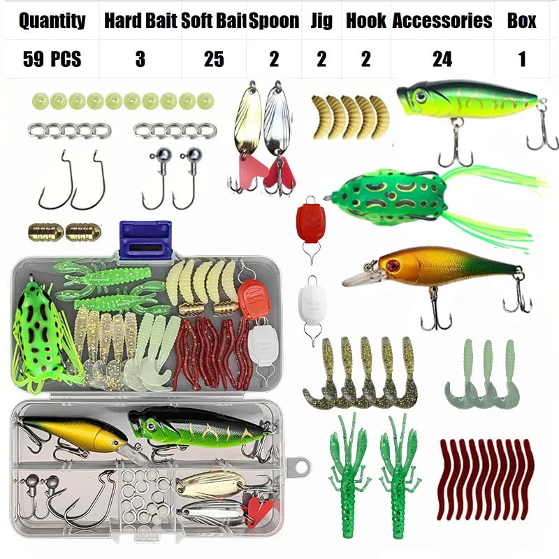 Fishing Lure Set 18–142pcs Mixed VIB Baits Kit – Soft Lures, Minnow, Popper & Hooks Fishing Accessories for Freshwater Fishing Tackle Kit