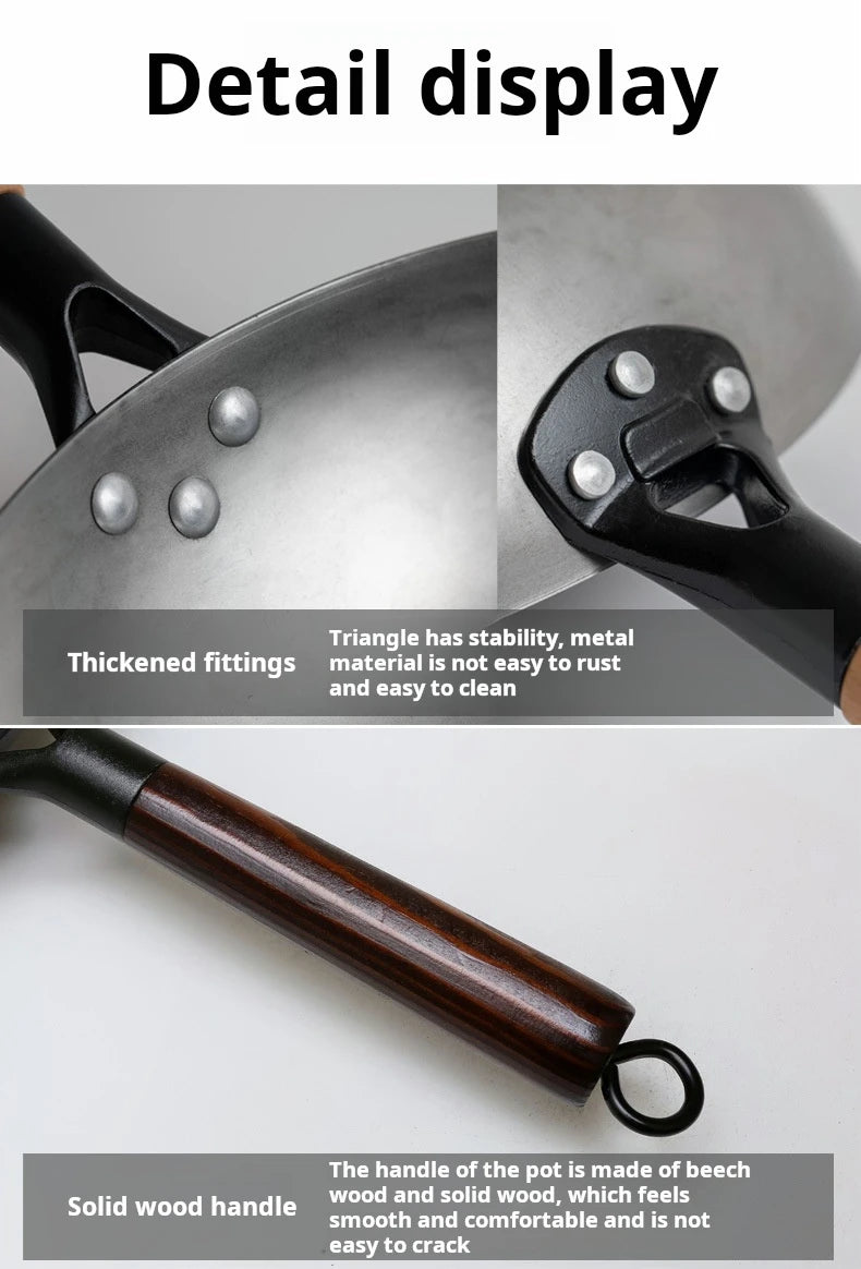 30cm Traditional Hand-Forged Iron Frying Pan, Non-Coated with Wooden Handle, Old-Style Household Cookware