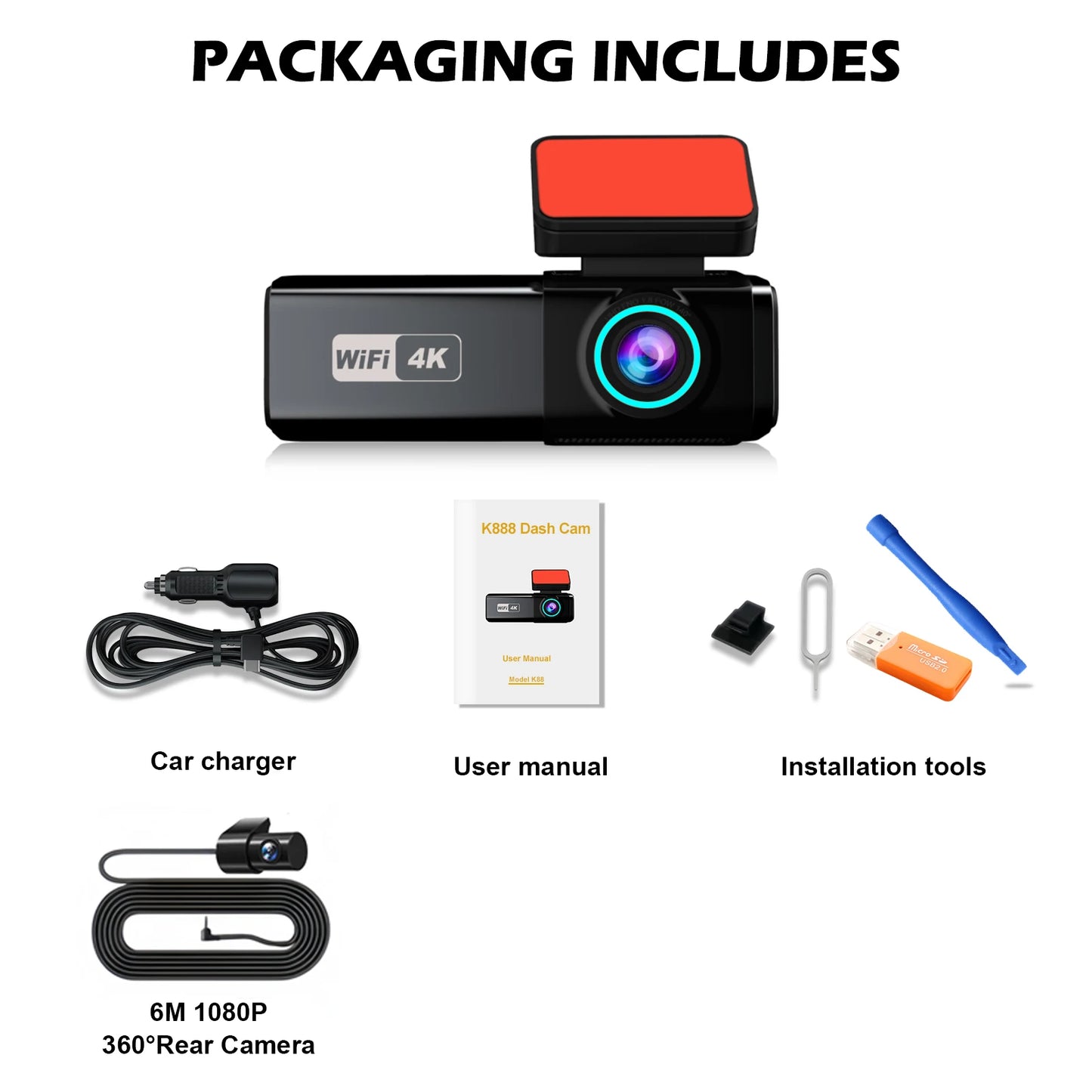 Aprilboy 4K WiFi Dash Cam 2160P – Dual Lens Front & Rear Car DVR, Night Vision, G-Sensor, 24H Parking Monitor