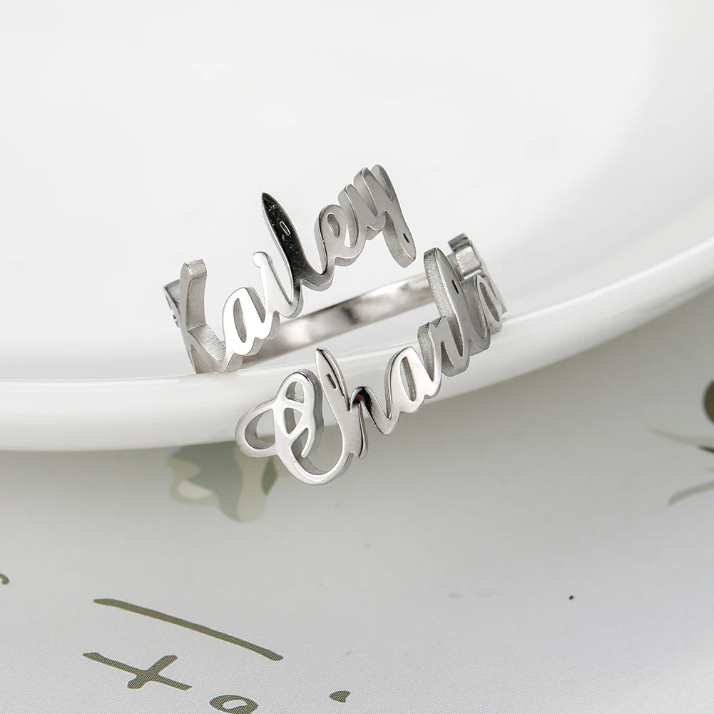 Custom Fishhook Double Name Finger Ring - Personalized Family & Couple Love Gift for Women & Men, Gold Stainless Steel Jewelry