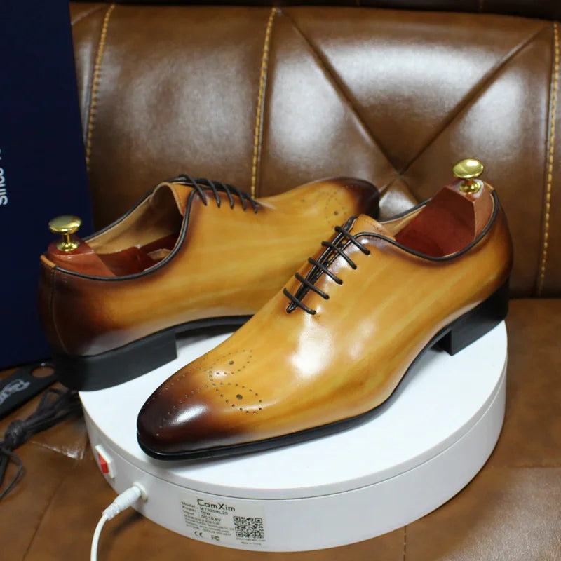 Men’s Genuine Leather Oxford Shoes - Whole Cut Pointed Toe Lace-Up Formal Business and Wedding Dress Shoes