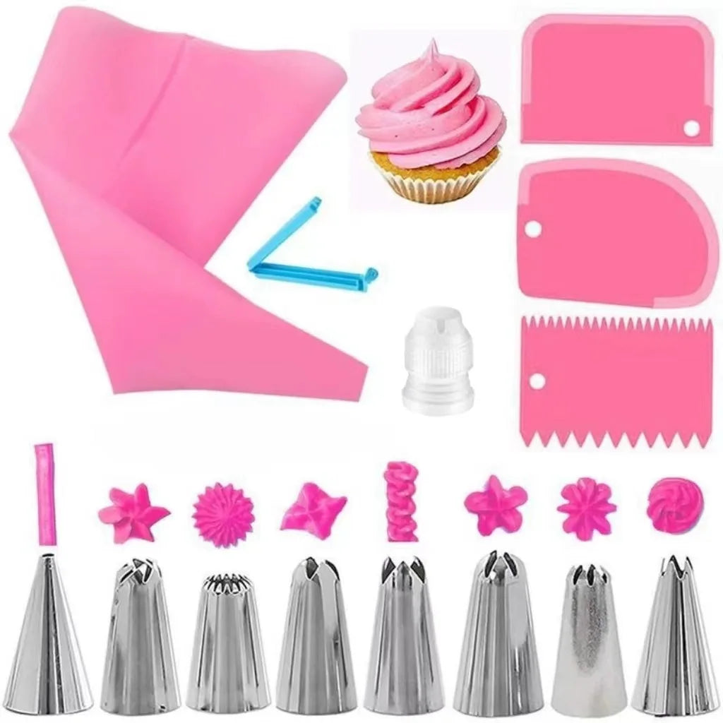 Silicone Piping Bags & Tips Set – Reusable Cake Decorating Kit with Stainless Steel Nozzles for Baking