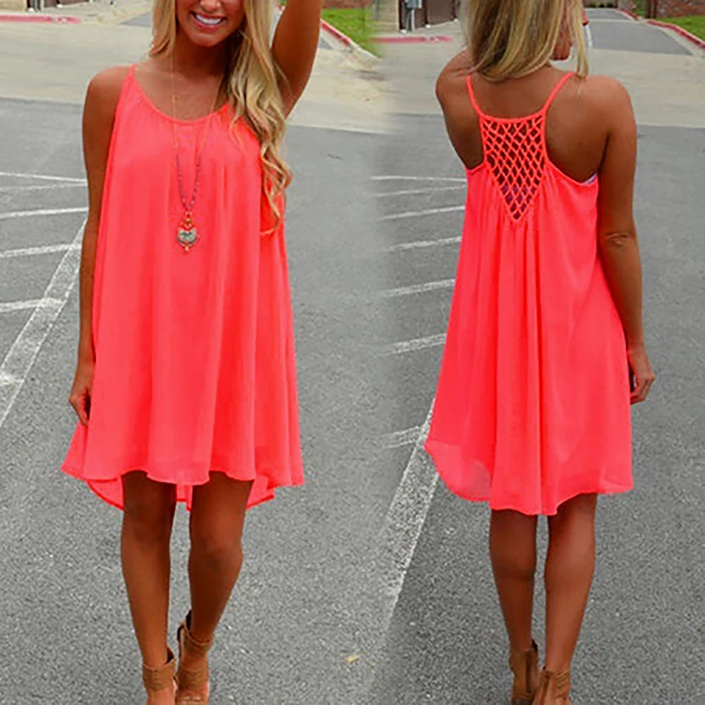 Women’s Summer Backless Beach Dress - Sexy Sleeveless Strap Casual Evening Party Outfit