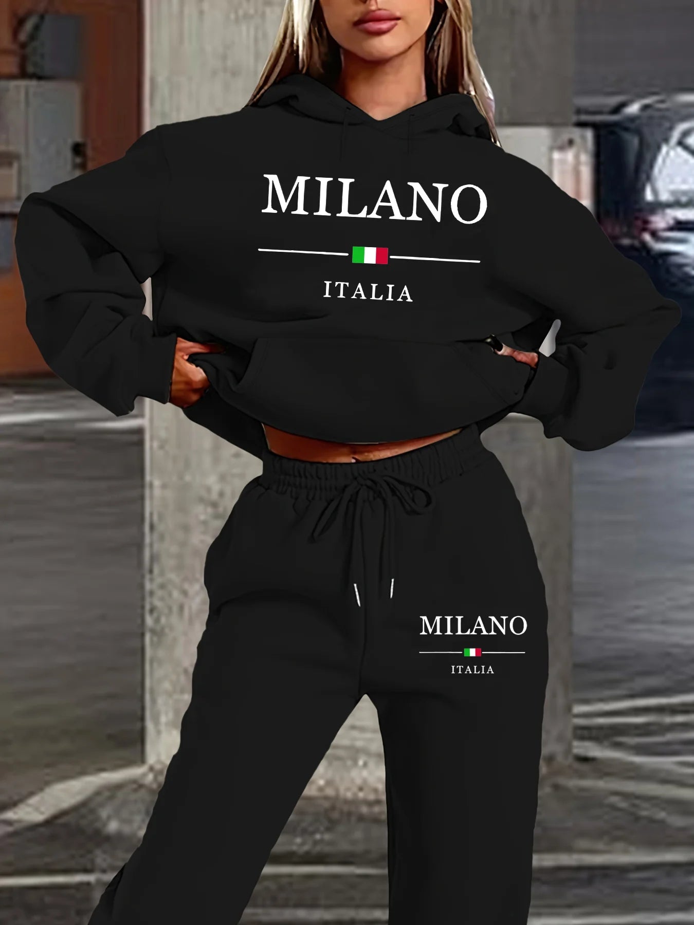 Women's Milano Italia 2-Piece Winter Set - Plush Warm Hooded Sweatshirt & Sports Pants Outfit