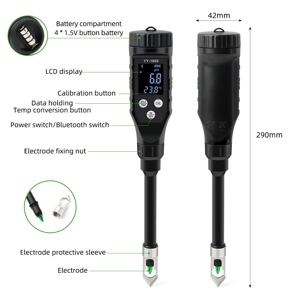 Smart Soil pH Meter 0.0-14.0pH - Bluetooth Soil Tester & Data Logger for Hydroponics, Garden & Farmland