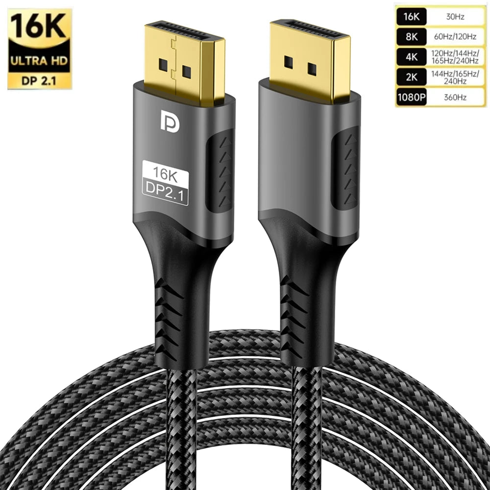 16K DP 2.1 DisplayPort Cable – 8K@120Hz, 4K@240Hz, 80Gbps HDR Video Audio Cable for Laptop, TV, Xbox, Projector, Gaming Monitor