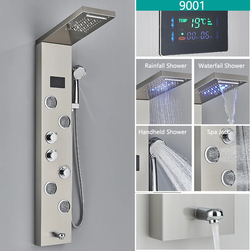 LED Light Bathroom Shower Faucet Set - Rainfall Shower Panel System with Temperature Display, Water Mixer Tap, and SPA Massage Feature