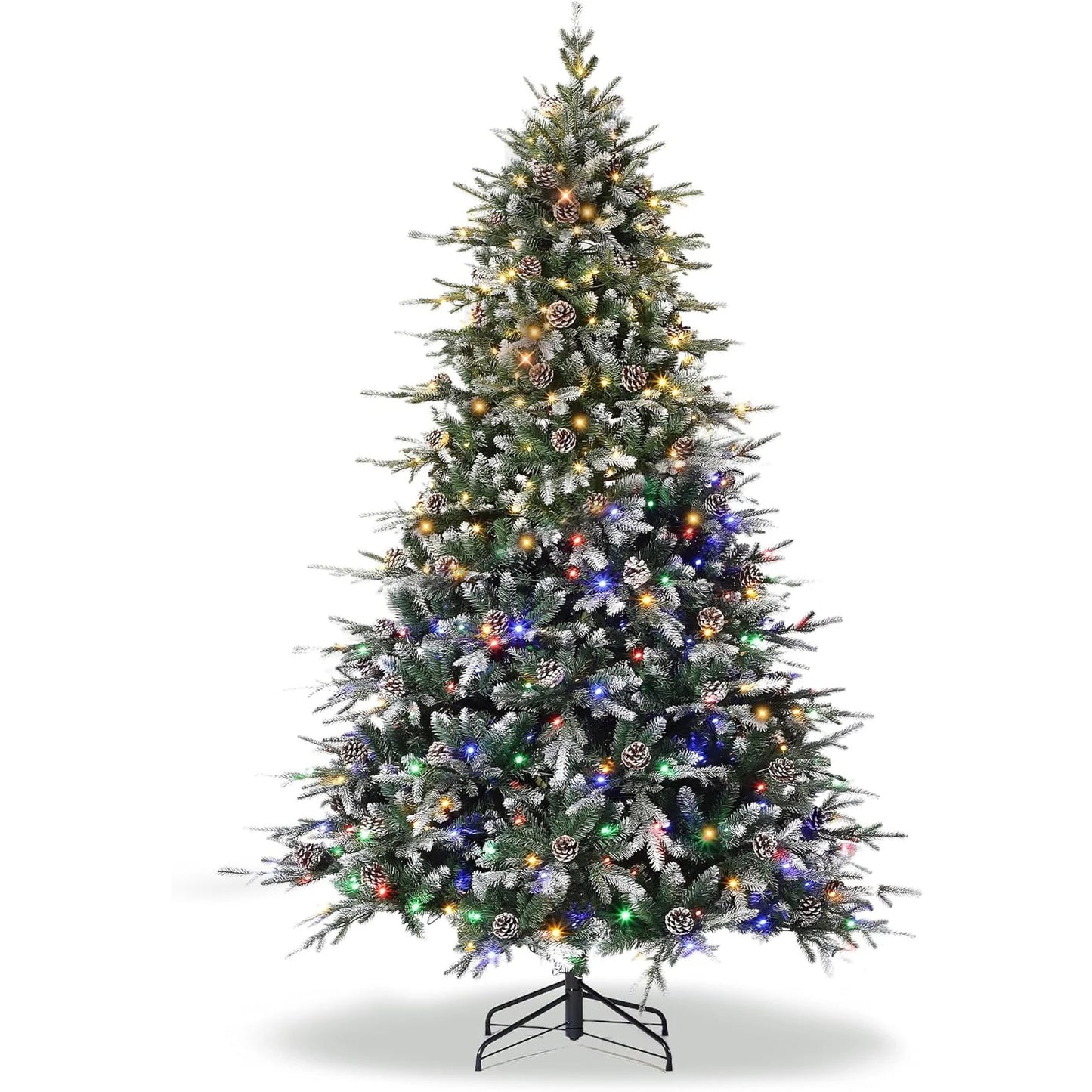 Pre-Lit Snow Flocked Christmas Tree with LED Lights & Pine Cones β 6ft, 7.5ft, 9ft Artificial Holiday Tree for Home Decor