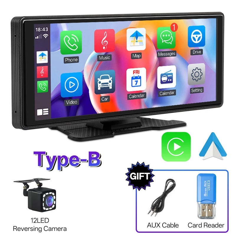 10.26" Portable Car Stereo - Wireless CarPlay & Android Auto Touchscreen with GPS Navigation and FM Multimedia Player