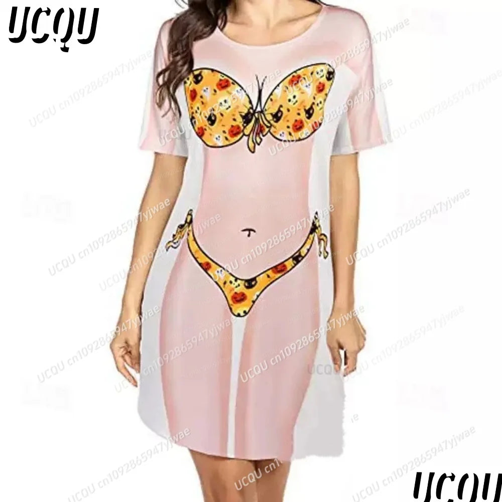 Women's 3D Bikini Print T-Shirt Dress - Casual Short Sleeve Summer Sleep & Home Dress