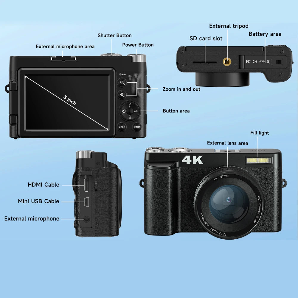 4K Digital Camera – 48MP Photography & Video, Autofocus, Anti-Shake, 3'' 180° Flip Screen with Flash, Compact Vlogging Camera