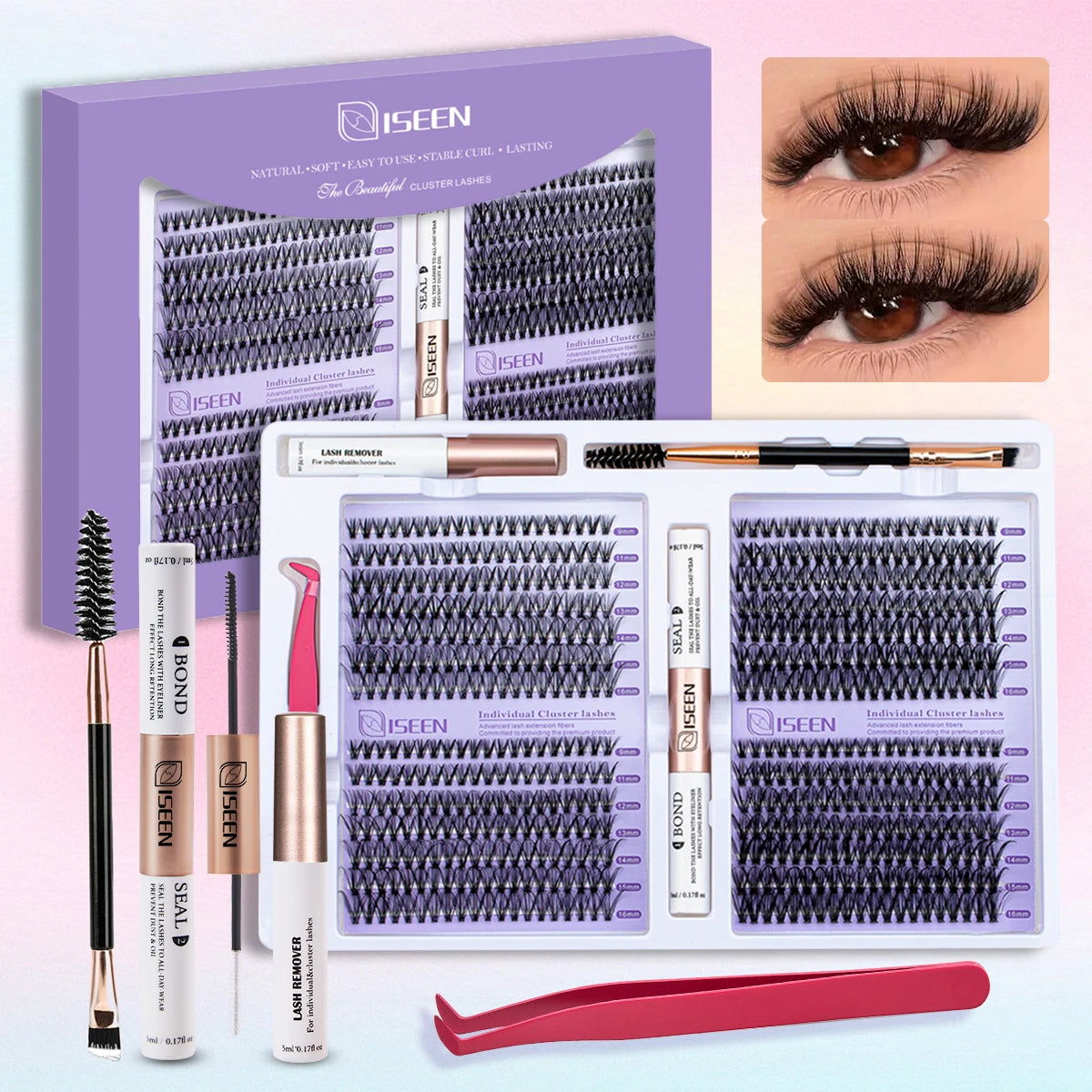 DIY Eyelash Extension Kit – Cluster Mix Eyelashes Set with Lash Bond & Seal, Tweezers & Brush for Full Lash Look
