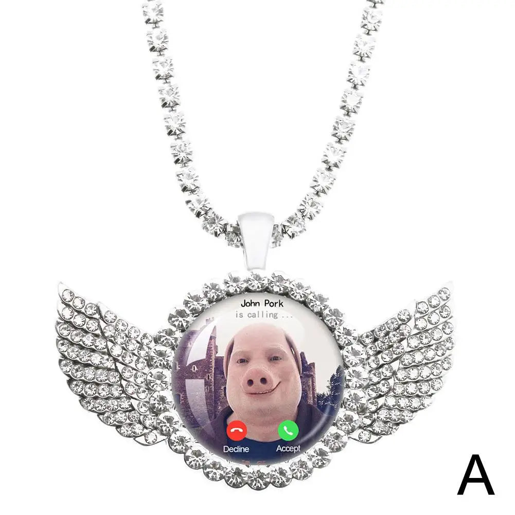 John Pork Calling Necklace - Funny Pig Lover Moon Pendant with Angel Wings Graphic Jewelry Gift