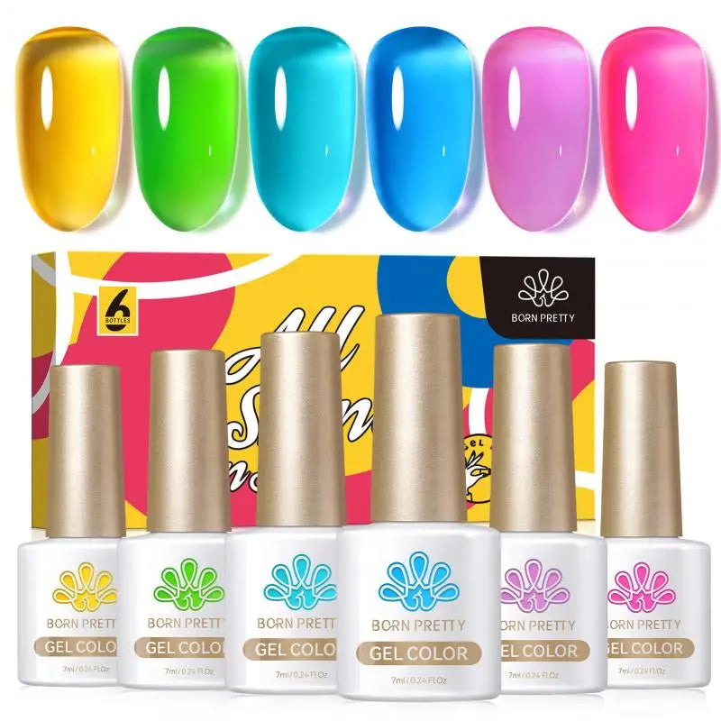 BORN PRETTY 7ml 6Pcs Soda Ice Jelly Gel Nail Polish Set - Gorgeous Full Coverage, Semi-Permanent Soak Off UV Gel Varnish