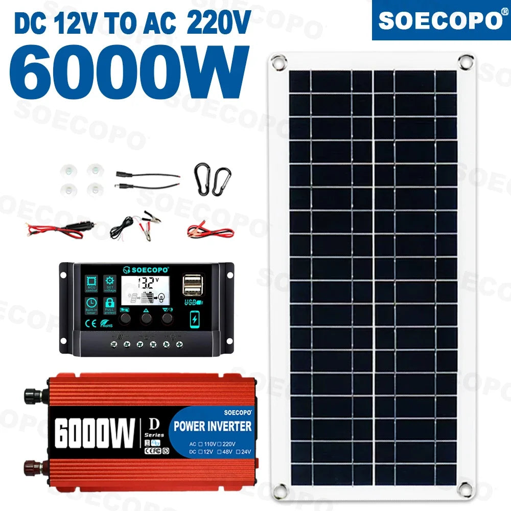 6000W Solar Power System Complete Kit β 12V to 110V/220V Off-Grid Setup with 100A Controller, 300W Panel & Inverter for Home & Camping Backup