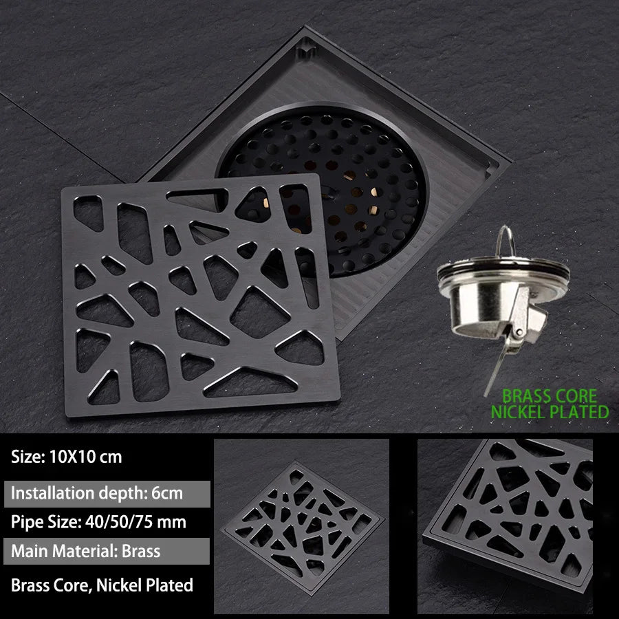 Luxury Brass Floor Drain β 10x10CM Carved Anti-Odor & Insect-Proof Drain for Shower, Bathroom & Balcony