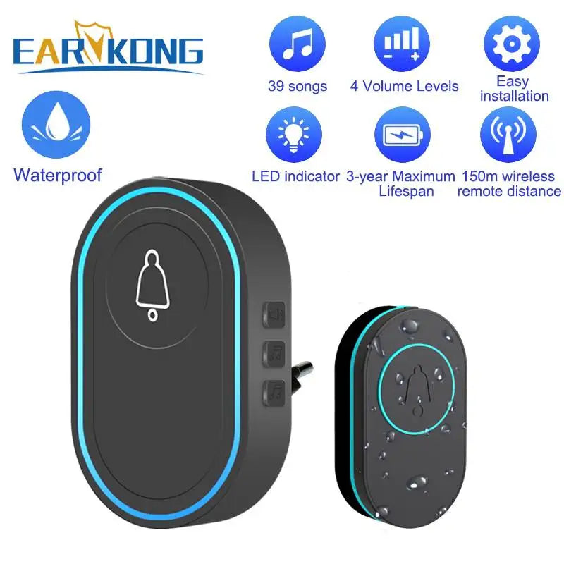 Intelligent Wireless Doorbell β Waterproof Smart Doorbell with 300m Remote Range, EU/UK/US Plug Options, Home Welcome Chime