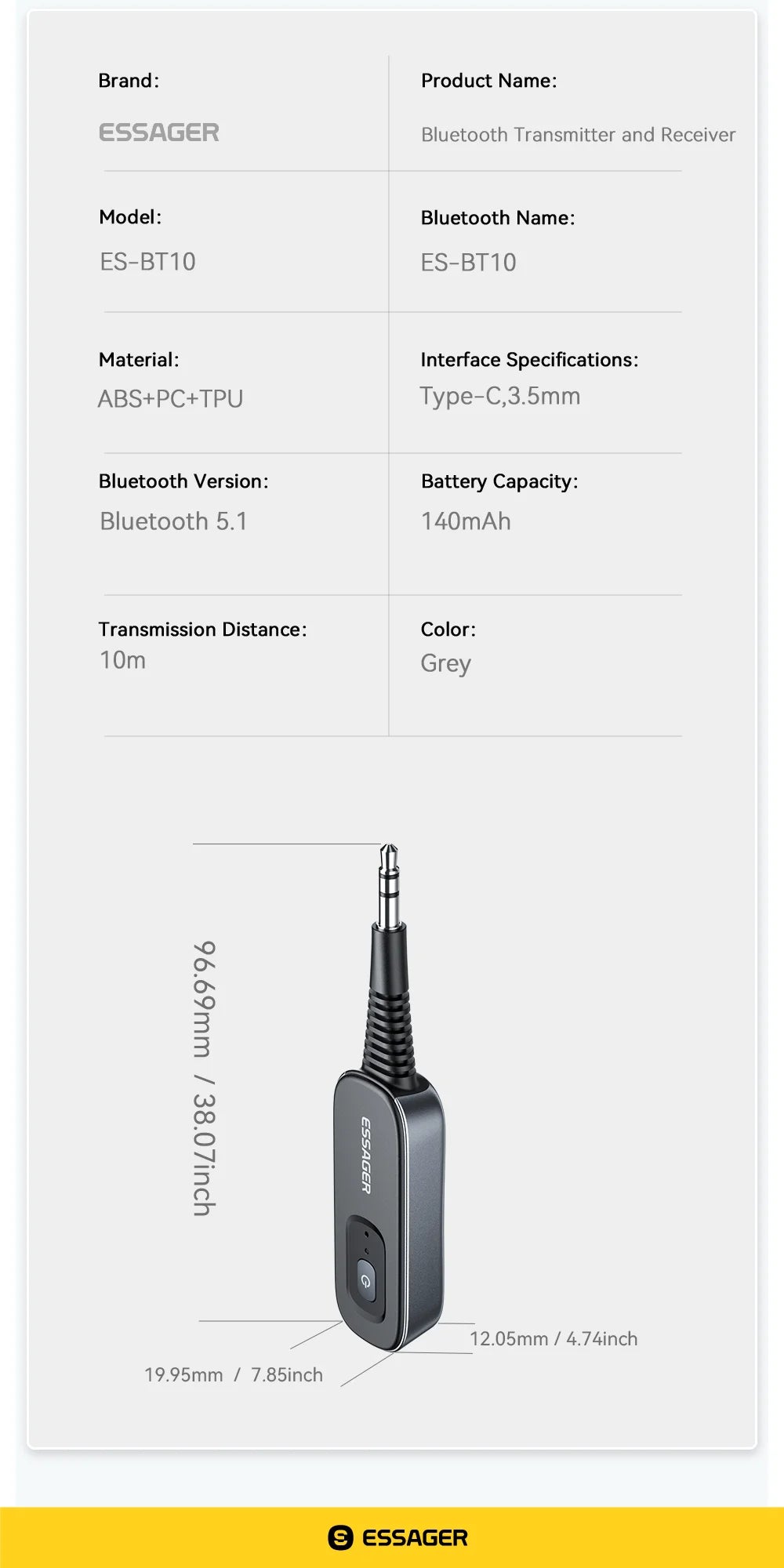 Essager Bluetooth 5.1 Audio Receiver & Transmitter – 3.5mm AUX Wireless Adapter with Mic for PC, TV, Car & Speakers