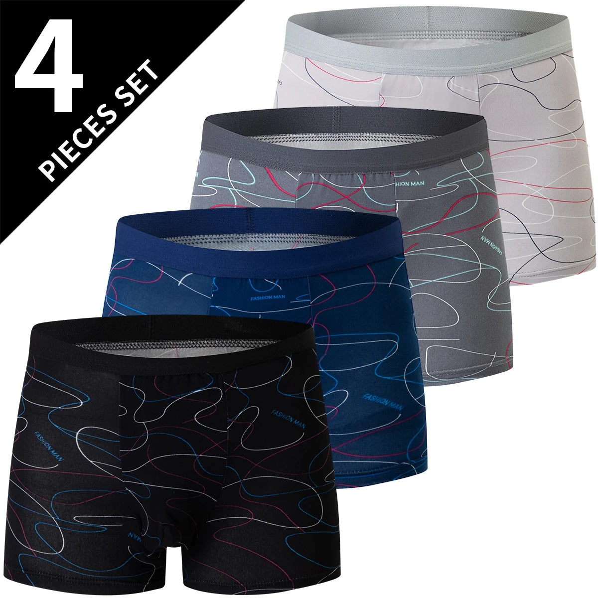 4-Piece Men's Fashion Boxer Shorts – European & American Size, Comfortable & Breathable Plus Size with Elastic Waist