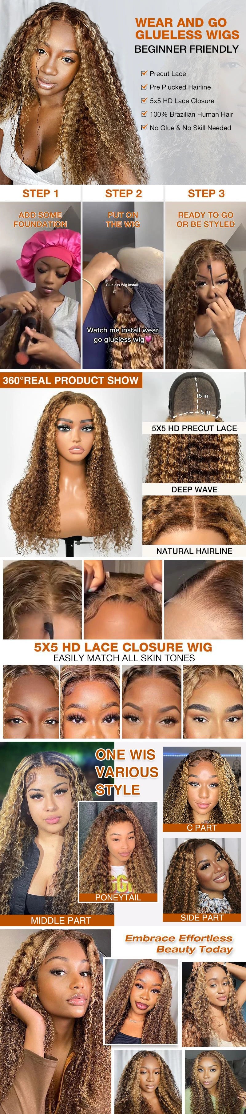 Deep Wave Honey Blonde Glueless Human Hair Wig — Pre-Cut HD Lace Front Ombre Curly Wig for Women
