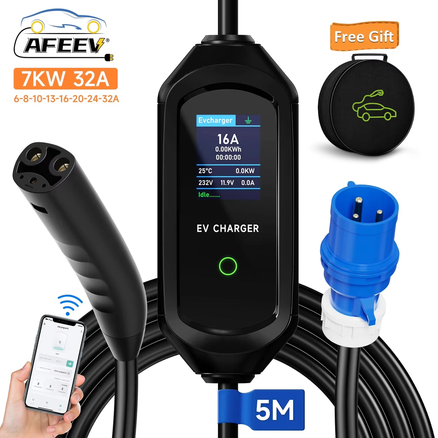 AFEEV 3.5KW/7KW Portable EV Charger for Tesla Model 3/X/Y/S Highland 2024 – Fast Charging Cable with CEE Plug & Wallbox
