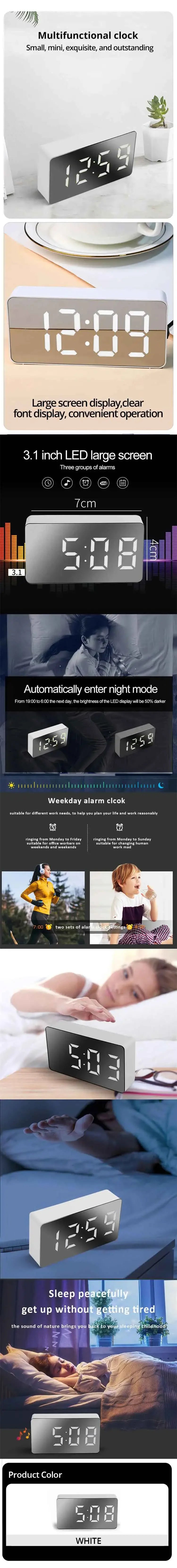 White LED Mirror Table Clock – USB Digital Alarm Clock with Snooze, Night Light & Time Display for Home Decor