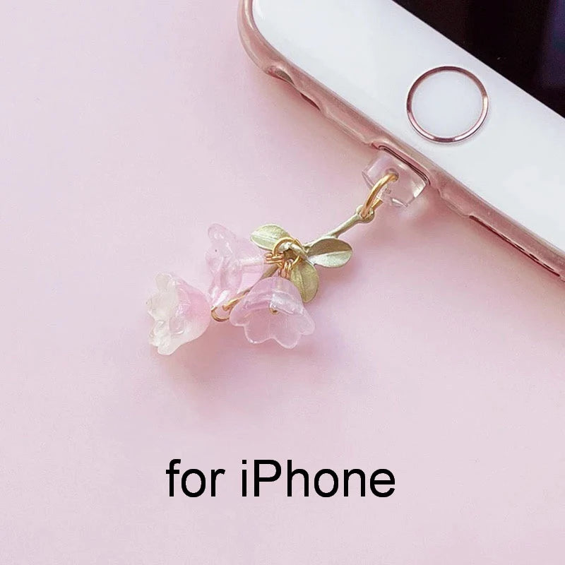 Pink Lily Flower Phone Charm - Cute Green Leaf Dust Plug Accessory for iPhone & Type-C Charging Ports