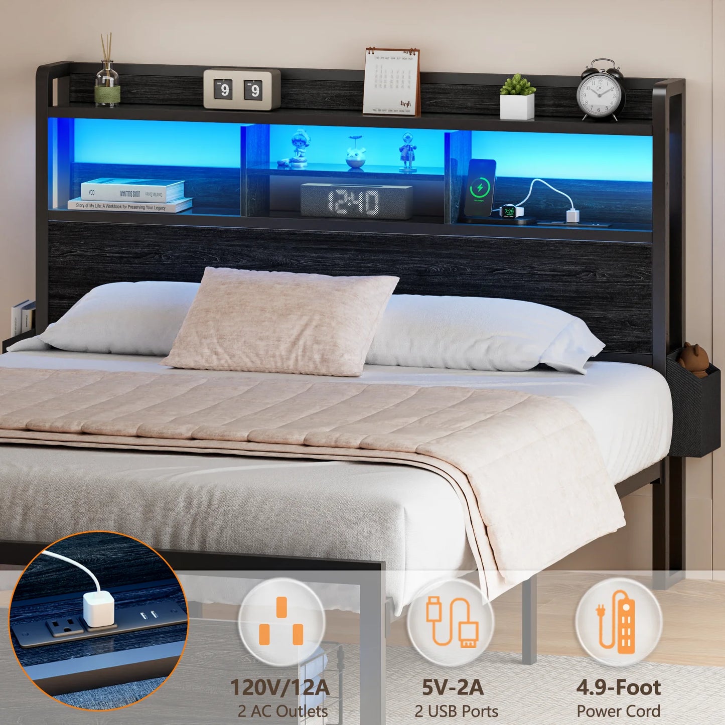 Full/Queen Bed Frame with Storage Headboard – Metal Platform Bed with Drawers, LED Lights & Built-In Charging Station