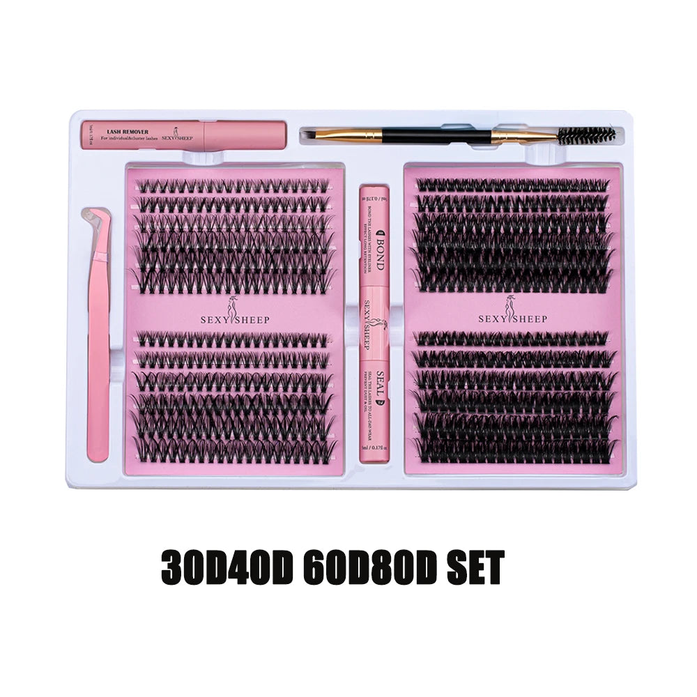 DIY False Eyelashes Cluster Extensions Kit – Natural Individual Lashes with Glue, Remover, Lash Brush & Tweezers