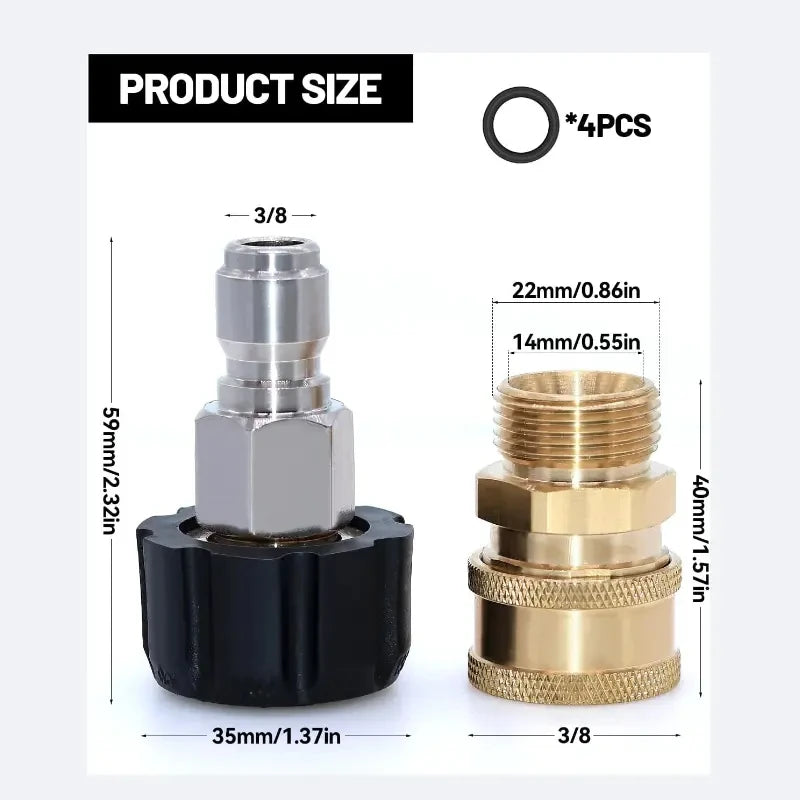 Pressure Washer Adapter Set — 3/8" Quick Connect Kit, M22 14mm Male-Female Thread, 5000 PSI Spray Gun Connector