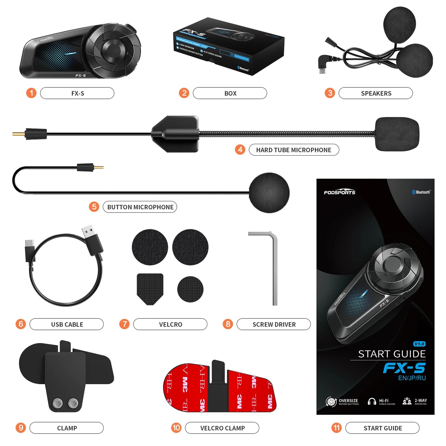 Fodsports FX-S Bluetooth Motorcycle Intercom — Wireless Helmet Headset with 1000M Range, BT5.4