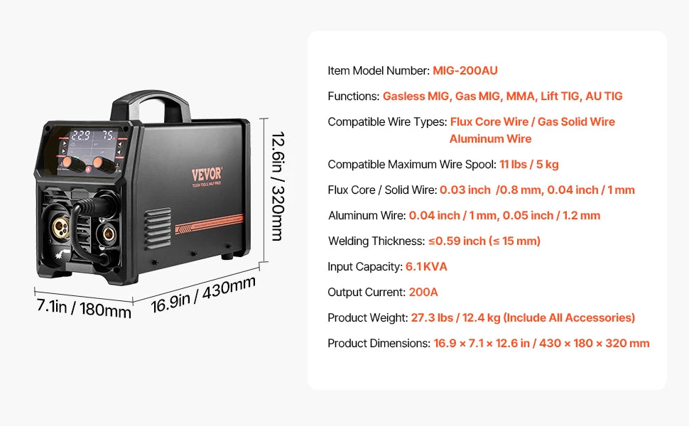 VEVOR 5-in-1 200A MIG Welder – Gas/Flux Core MIG, Stick, Lift TIG, AU TIG with LCD Display