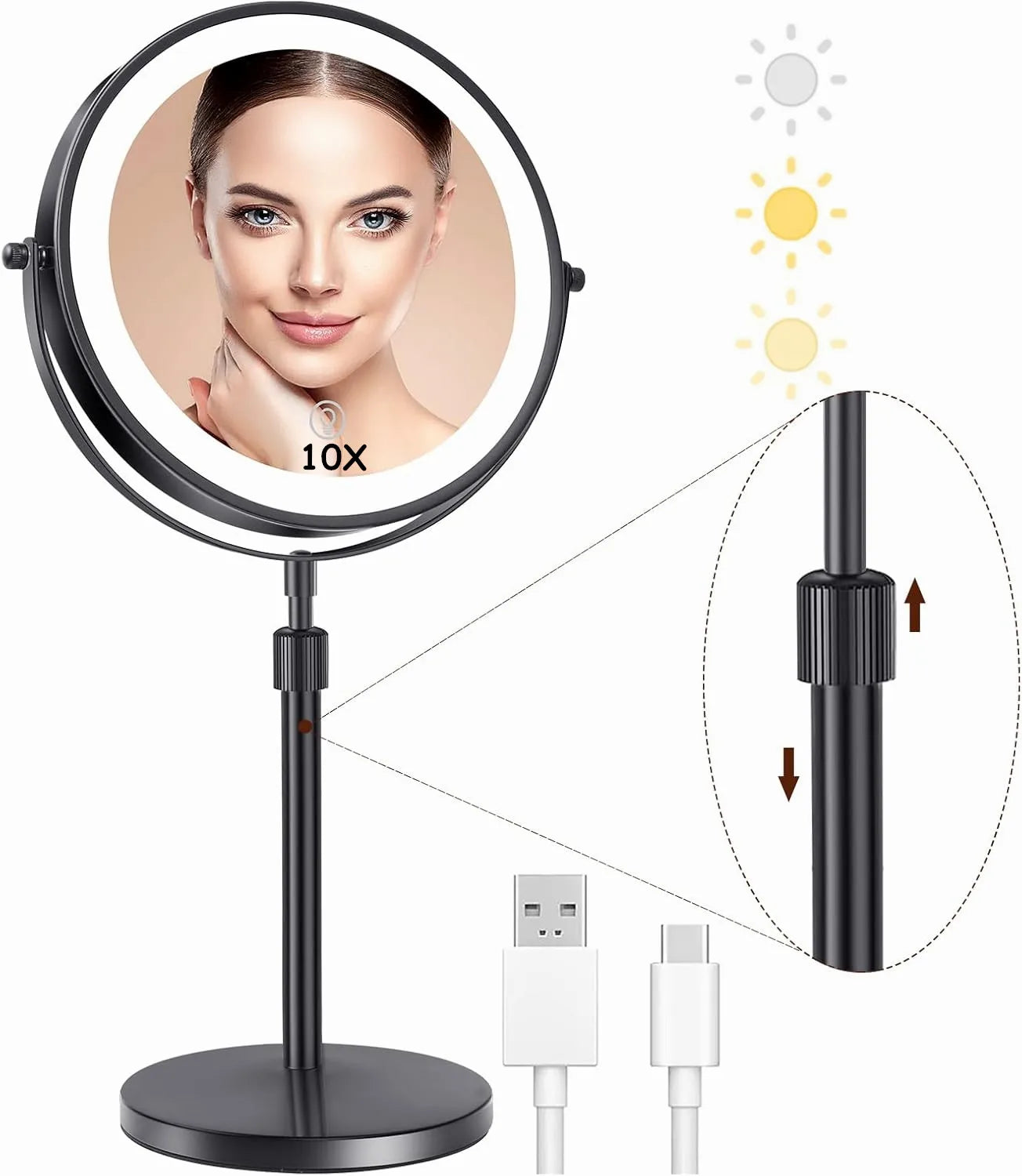 8-Inch Makeup Mirror with Light β 10X Magnification, 3 Color LED, Adjustable Brightness & Height Standing Cosmetic Mirror