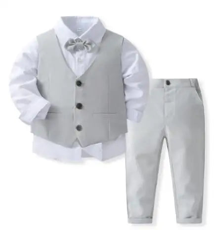 Gentleman Outfit for Boys – Spring Autumn Birthday Cotton Vest & Suit Set, Kids Solid Formal Clothing
