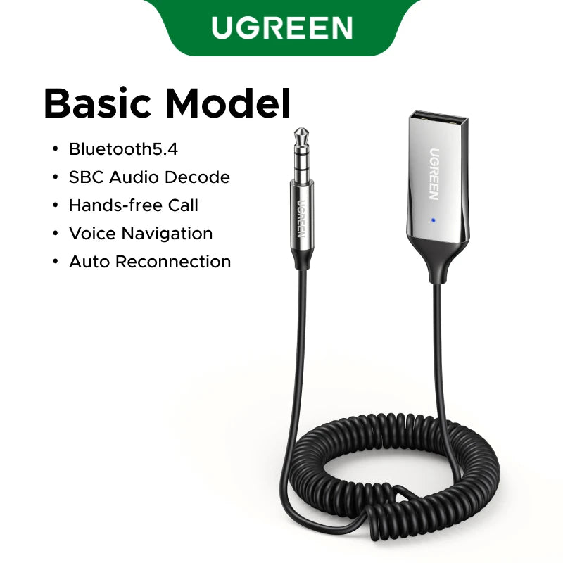 UGREEN Bluetooth 6.0/5.4 AUX Adapter β 3.5mm Handsfree Car Receiver with Mic for Music, Navigation & Wireless Call Streaming