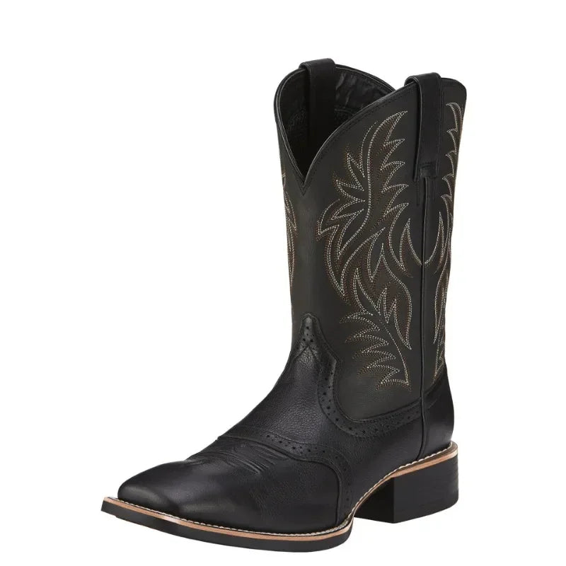 Men's Embroidered Cowboy Boots - Retro Handmade Pointed Toe Western Boots with Hand-Stitched Detail