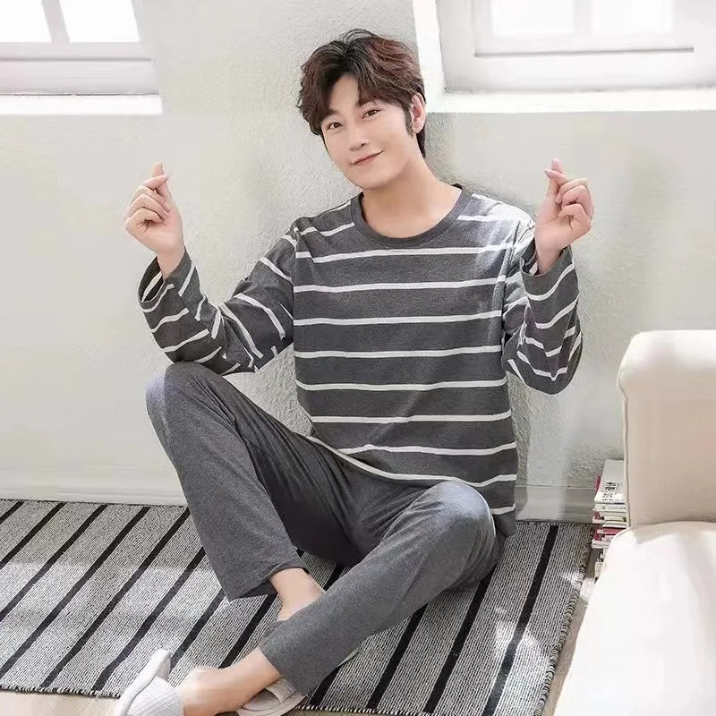 Men's Summer 2024 Long-Sleeve Pyjama Set — Black Plaid Two-Piece Home & Casual Wear, Large Size