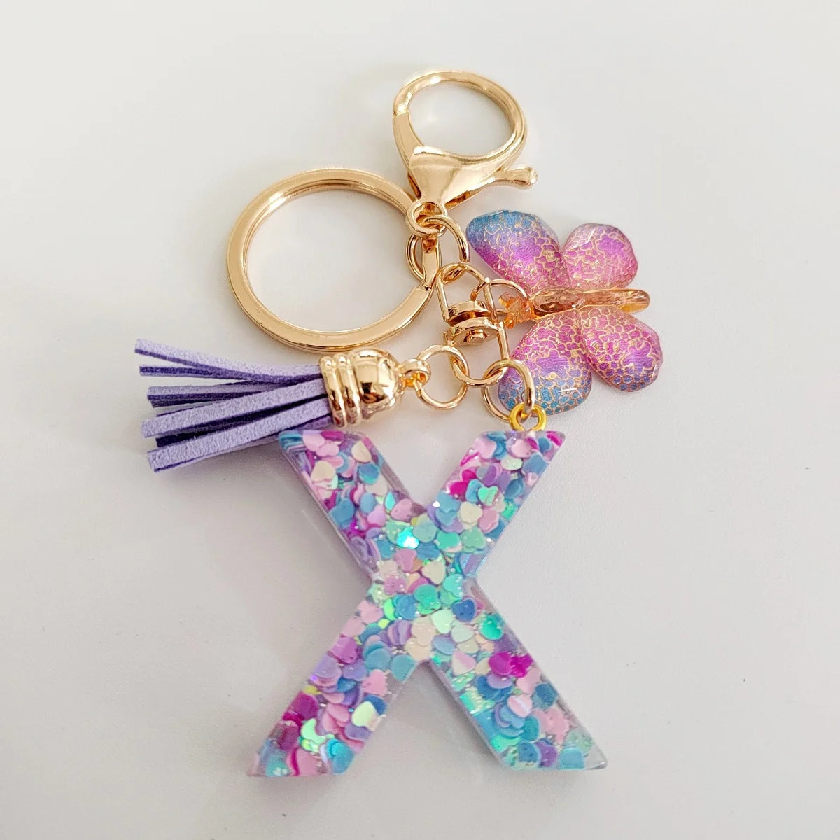 Butterfly Fringe Initial Keychain - Sequin A-Z Letter Bag Charm for Women, Students & Gifts