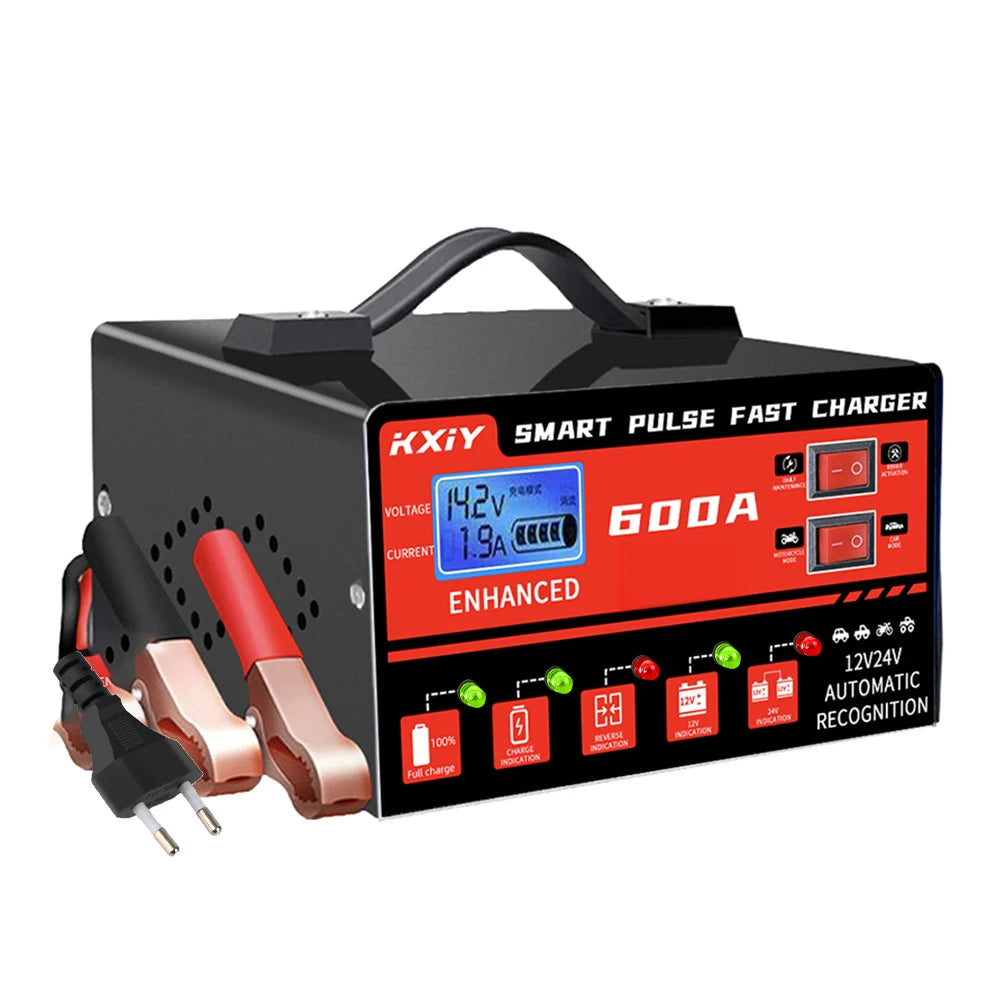 12V/24V Intelligent Car Battery Charger β 600A Digital LCD Pulse Repair with Automatic Stop & Temperature Detection
