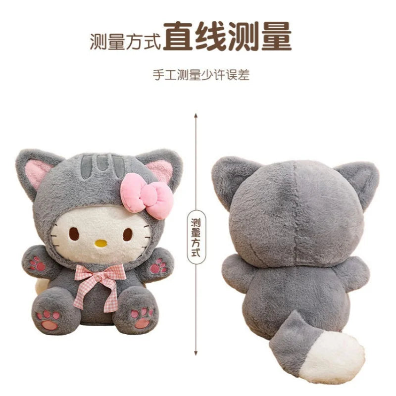 Cute Grey Cat Hello Kitty Plush Doll - Checkered Bow Stuffed Toy, Soft Pillow & Home Decoration Gift, 20–60 cm