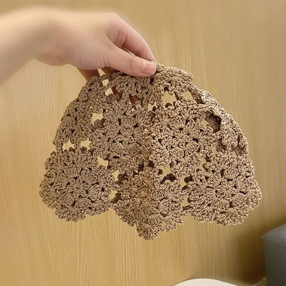 Autumn Winter Knitted Beret – Hollow Lace Flower Fashion Skullies Hat for Women, Casual Bonnet Cap