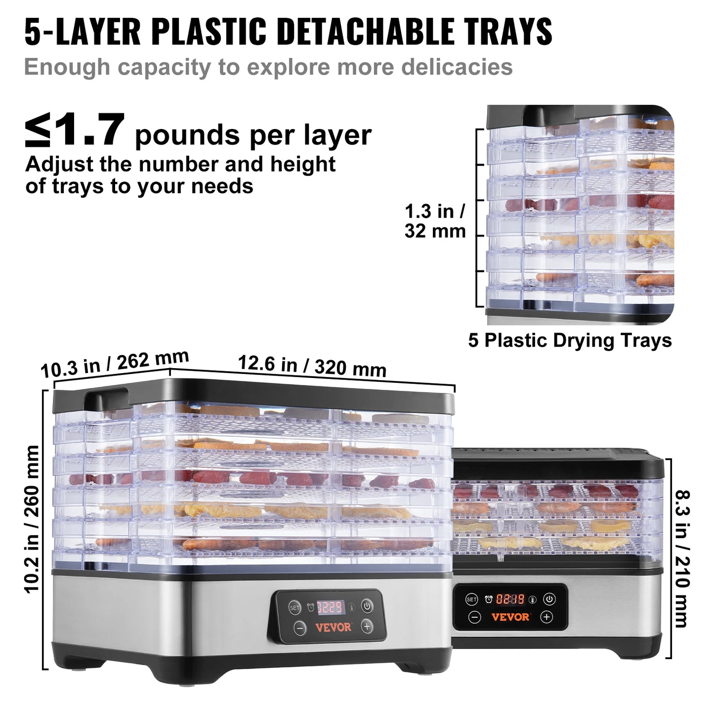 SucceBuy 5-Tray Electric Food Dehydrator – 300W Stainless Steel Dryer with Digital Timer & Adjustable Temperature