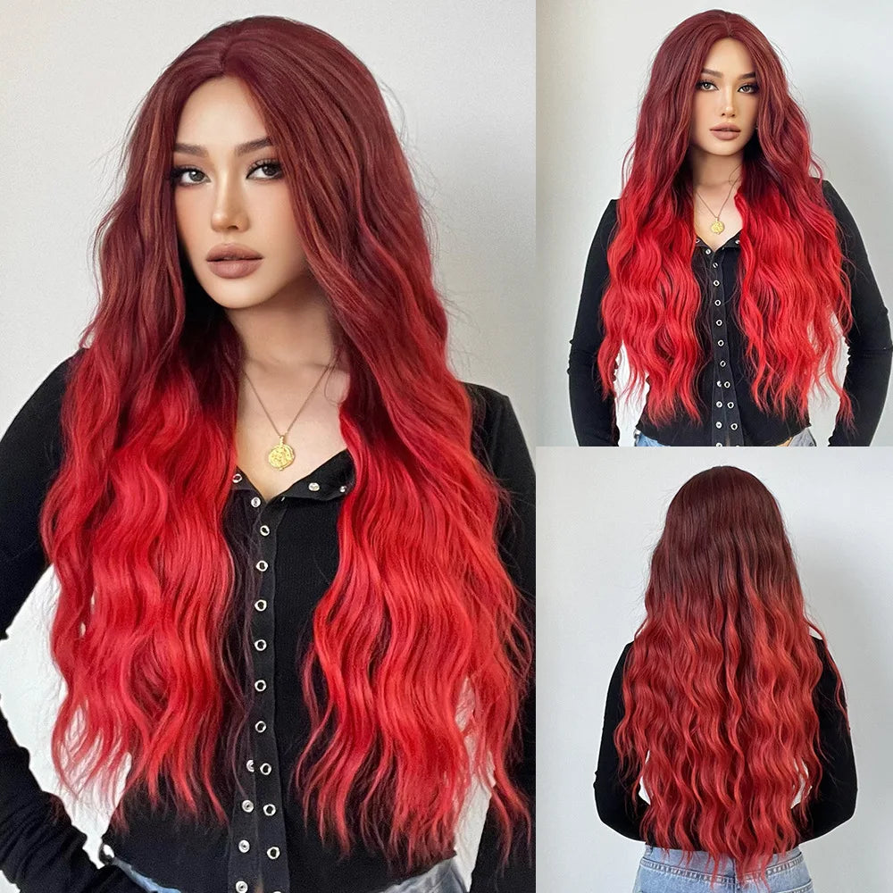 Long Wavy Brown Synthetic Wig for Women – Middle Part, Natural Look, Heat-Resistant Fiber for Daily Wear & Cosplay