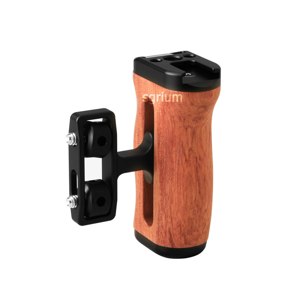 sgrium Universal Camera Cage Wooden Side Handle – Left/Right Ergonomic Grip with 1/4" Mount Threads & Cold Shoe for Sony Camera Cage Video Shooting Rig Accessories