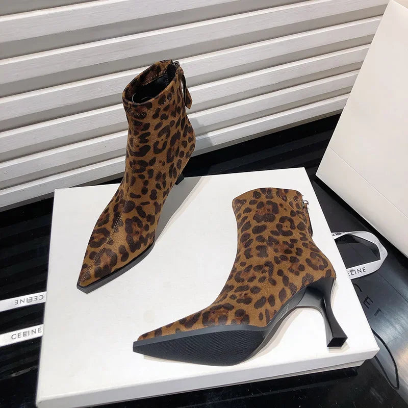 Leopard Print Women’s Ankle Boots – Fashionable High Heel Short Booties, Elegant Dancing & Party Prom Shoes