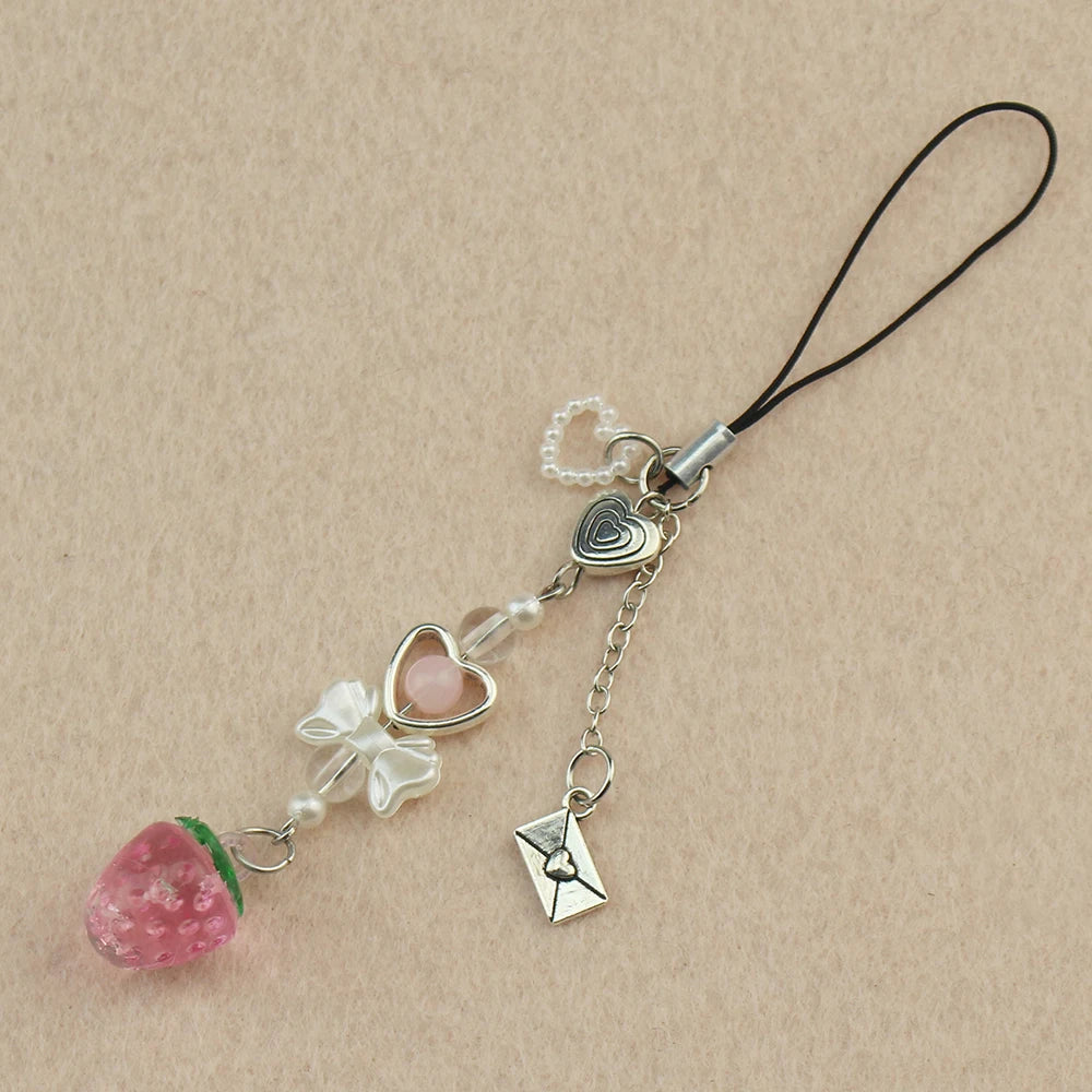 Ai Yazawa Nana Anime Heart & Strawberry Phone Charm Keychain – Y2K Handmade Jewelry