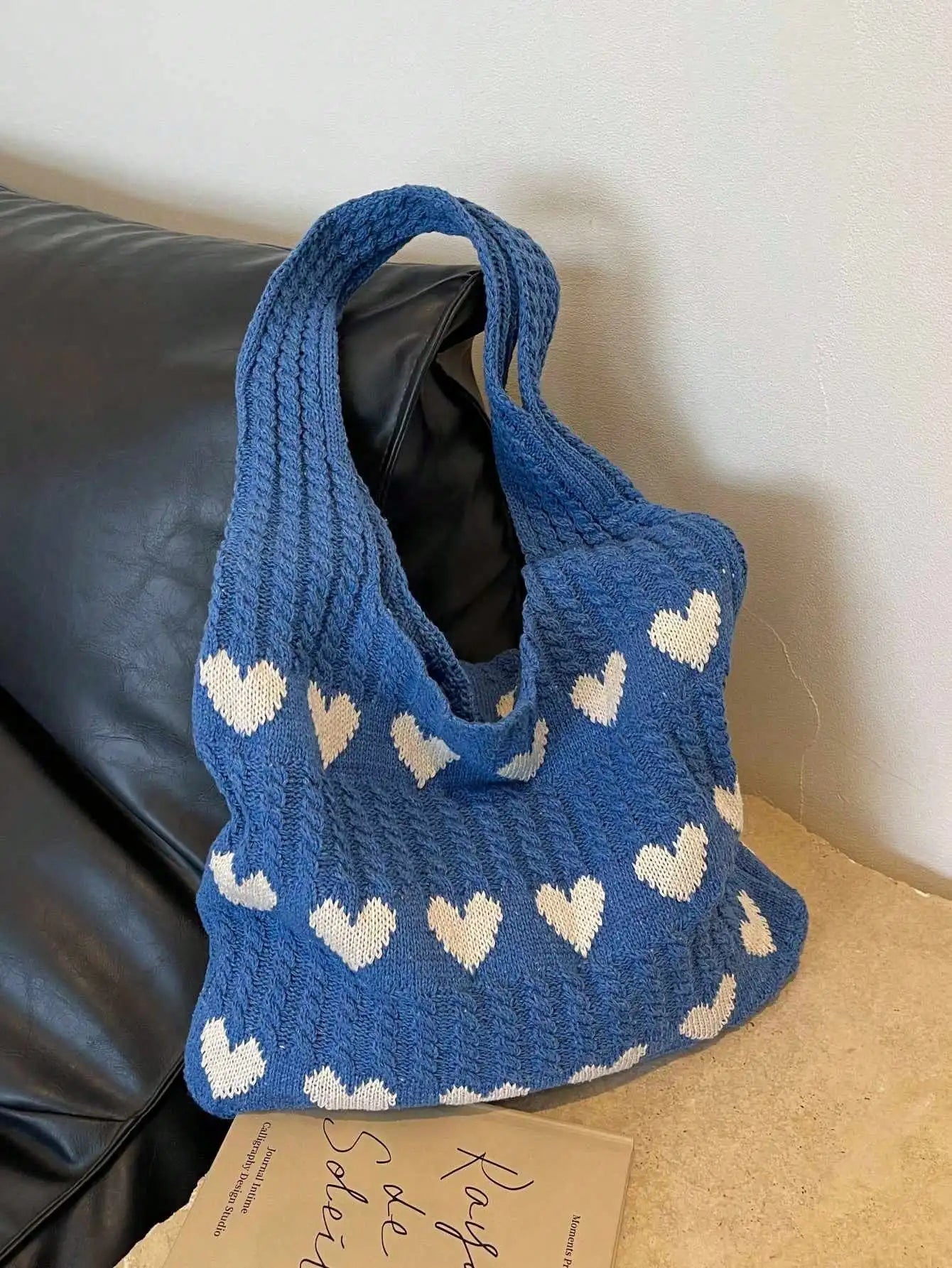 Heart Pattern Color-Block Crochet Handbag – Large Capacity Shoulder Beach & Commute Tote Bag, Fashion Versatile Daily Carry Bag