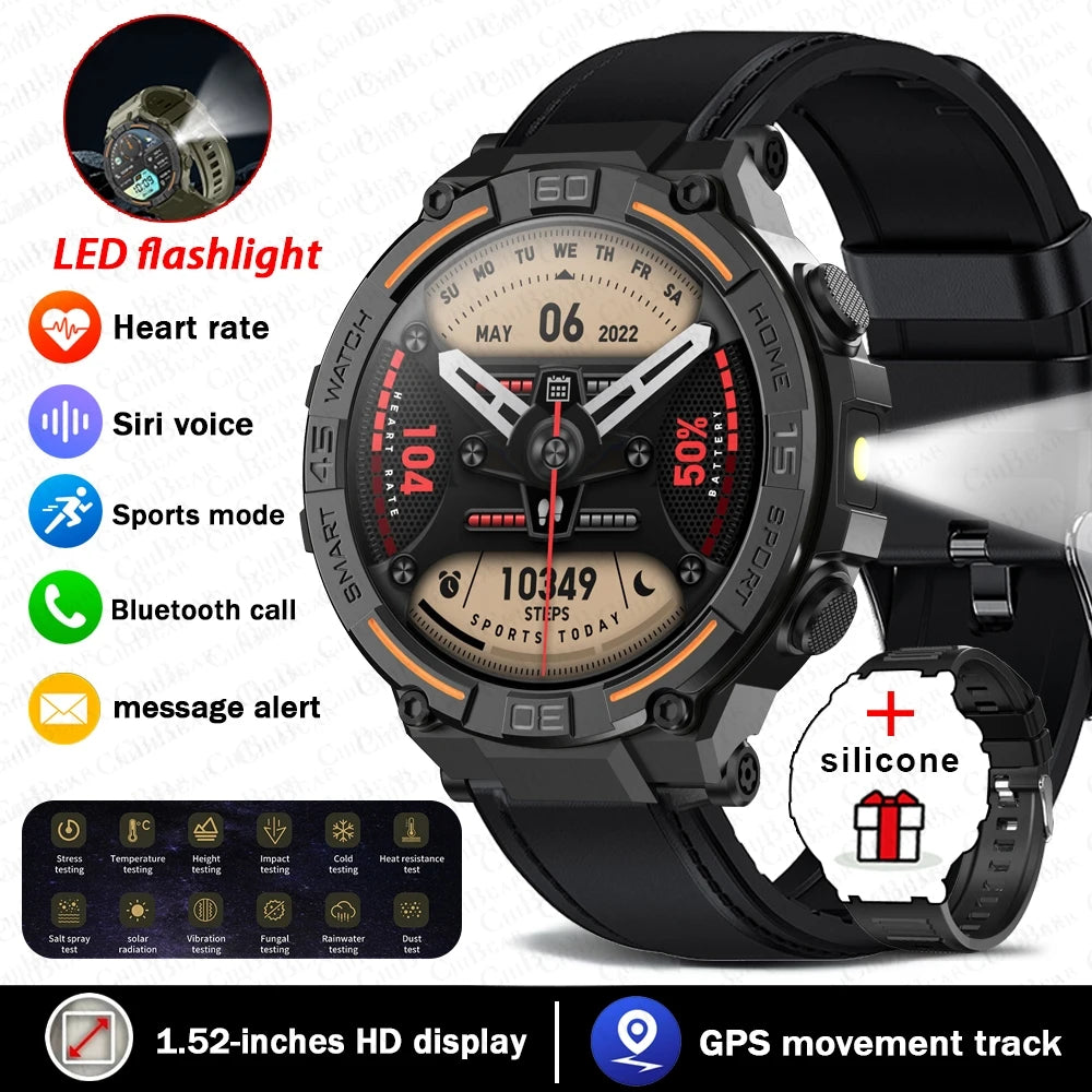 Military Smartwatch for Men – 360x360 HD Screen, Flashlight, Heart Rate, Health Monitor, Waterproof, BT Call for Android & iOS