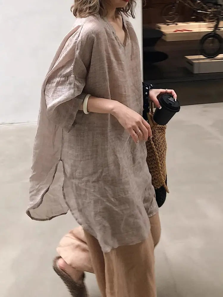 Women’s Cotton Linen Blouse - Loose Fit Long Sleeve Casual Pullover Shirt for Summer & Autumn