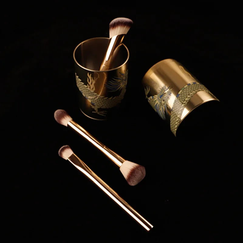 3pcs Hourglass Makeup Brush Set - Powder Foundation Blush Concealer Brushes with Dragon Storage Case